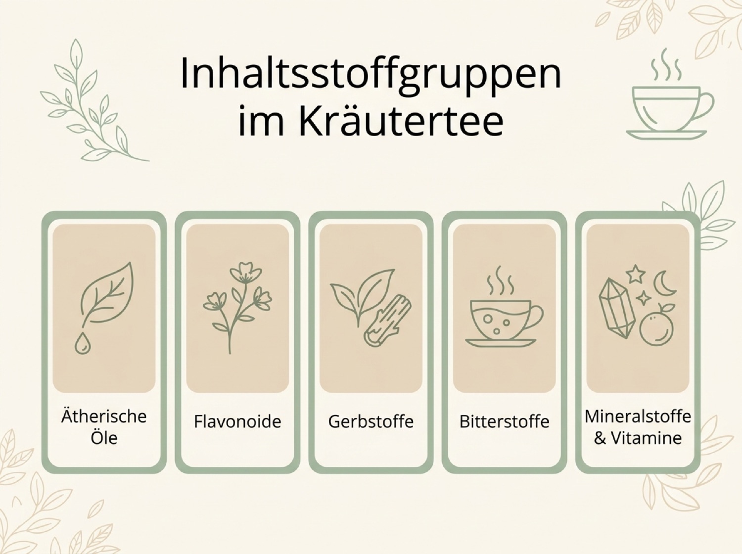 Infografik zu den Inhaltsstoffgruppen im Kräutertee: ätherische Öle, Flavonoide, Gerbstoffe, Bitterstoffe, Mineralstoffe und Vitamine