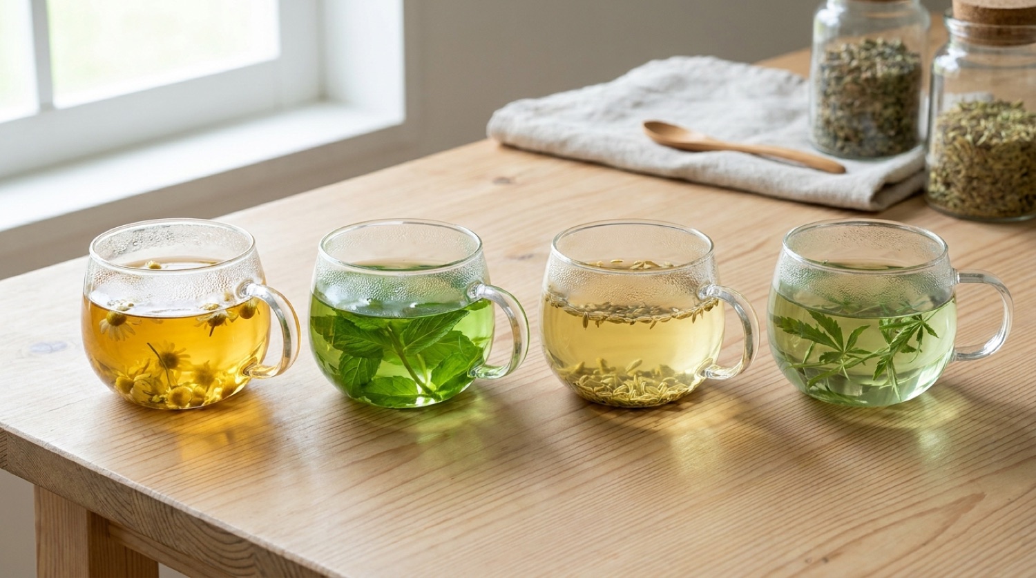 Verschiedene Kräutertee-Sorten in Gläsern, darunter Kamille, Pfefferminze und ein grünlicher Hanftee-Aufguss