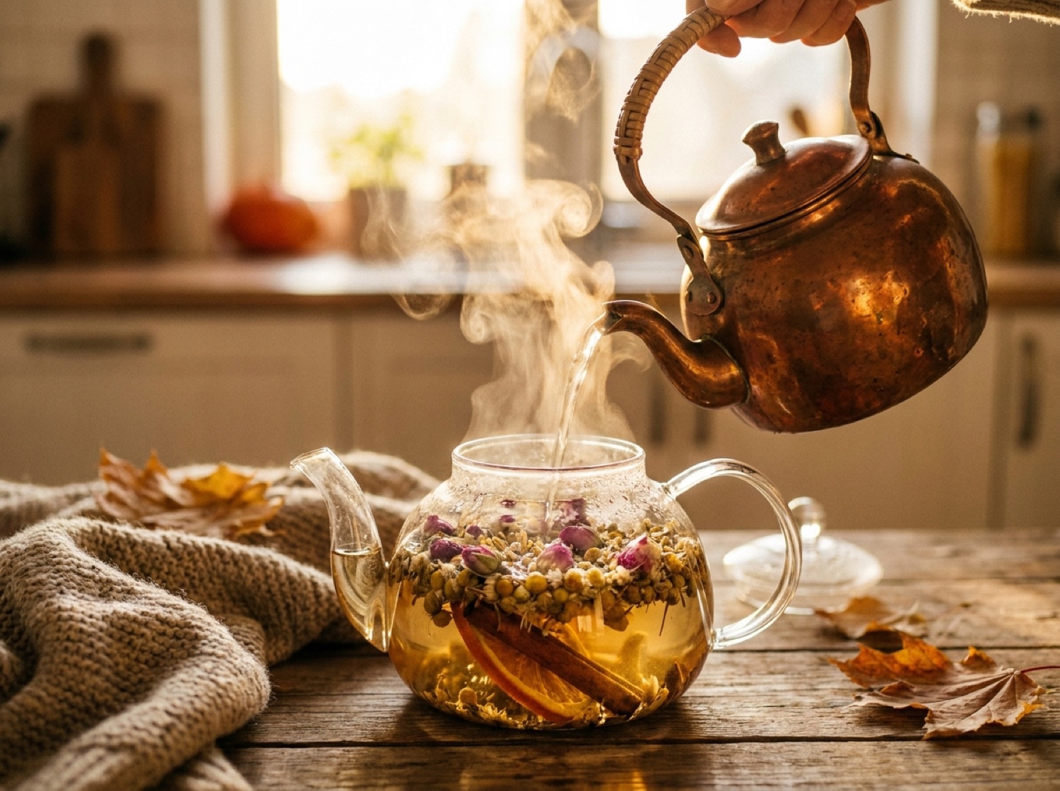 Kräutertee wird mit heißem Wasser aus einer Kanne über getrocknete Kräuter in einem Sieb aufgegossen