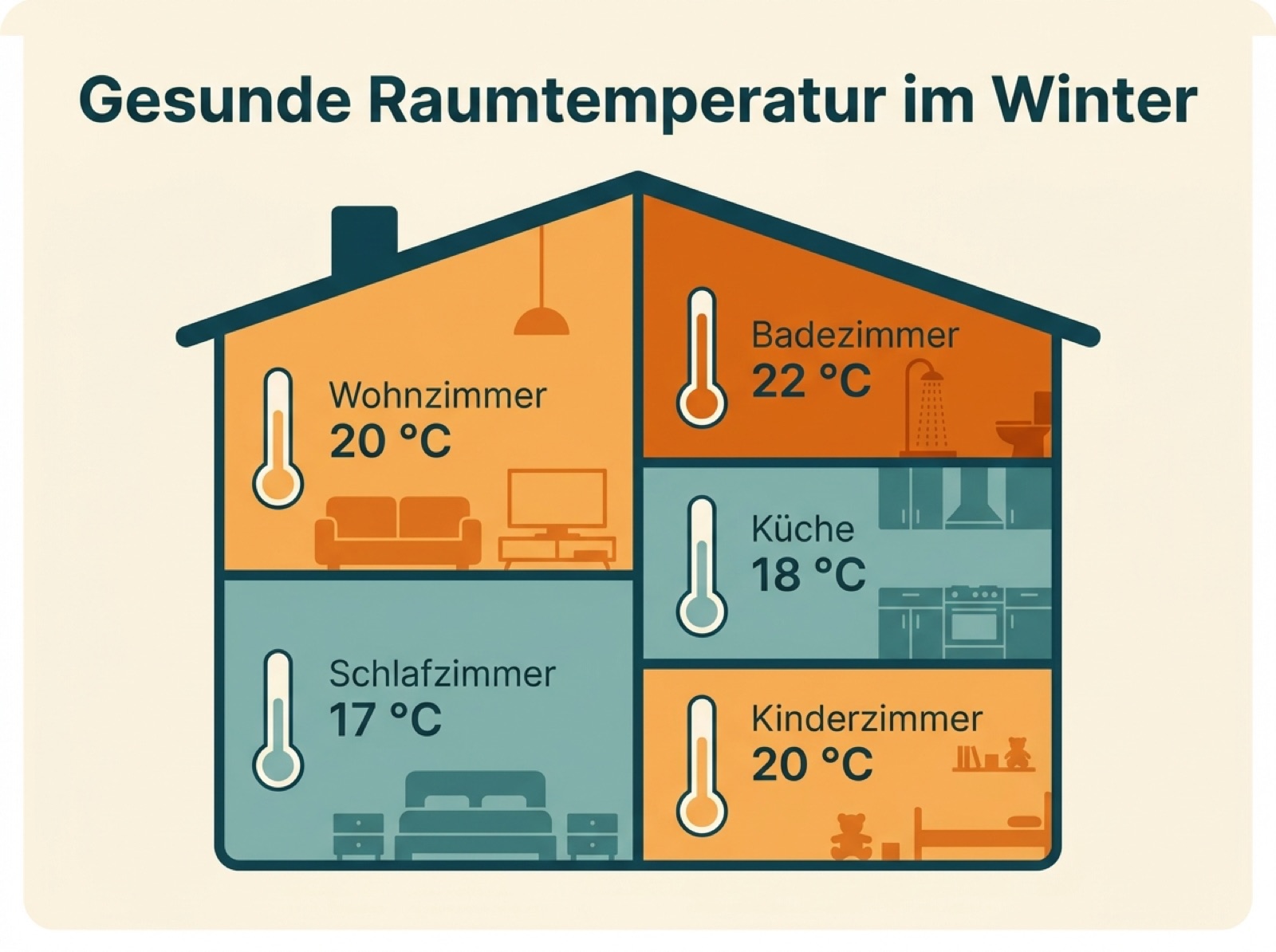 Infografik mit den empfohlenen gesunden Raumtemperaturen im Winter für Wohnzimmer, Schlafzimmer, Badezimmer, Küche und Kinderzimmer
