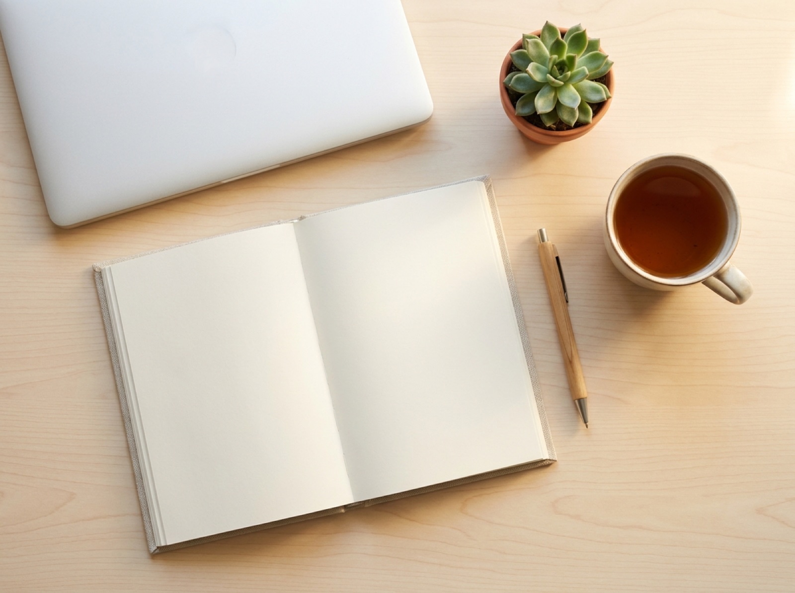 Aufgeräumter Schreibtisch mit leerem Notizbuch, Stift, Tasse Tee und Pflanze als Symbol für einen klaren, stressfreien Kopf