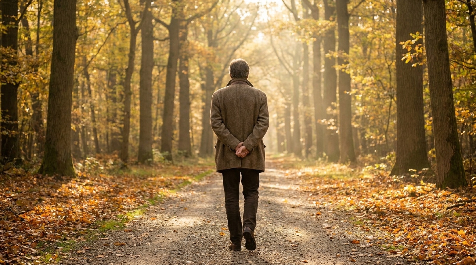 Person geht entspannt auf einem herbstlichen Weg spazieren und lässt die Gedanken schweifen