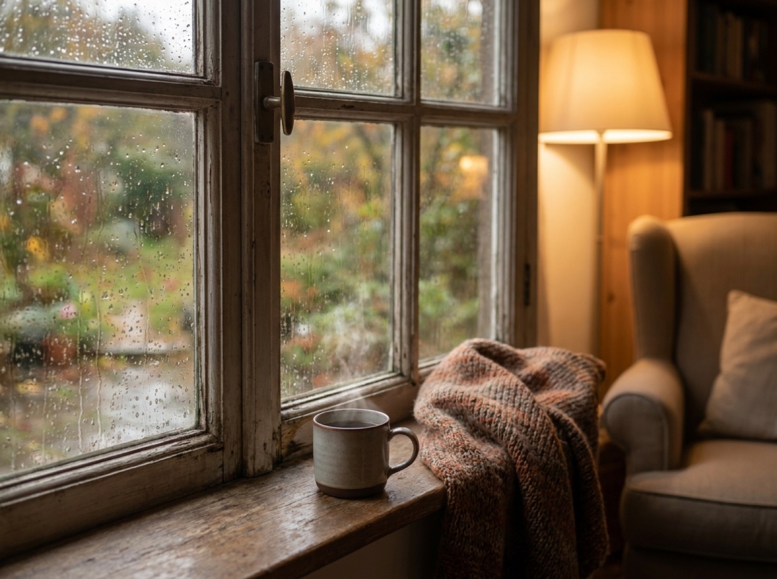 Warme Tasse am Fenster an einem regnerischen Herbsttag als Sinnbild für einen bewussten Feierabend vom Grübeln