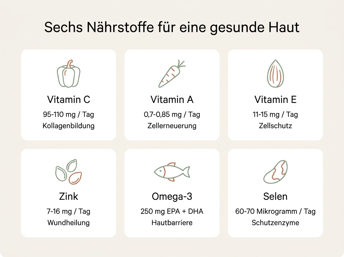 Infografik zu den sechs wichtigsten Nährstoffen für eine gesunde Haut