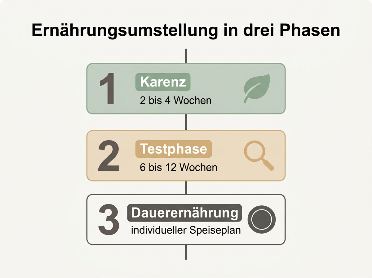 Infografik zur Ernaehrungsumstellung bei Fructoseintoleranz in drei Phasen: Karenz, Testphase und Dauerernaehrung