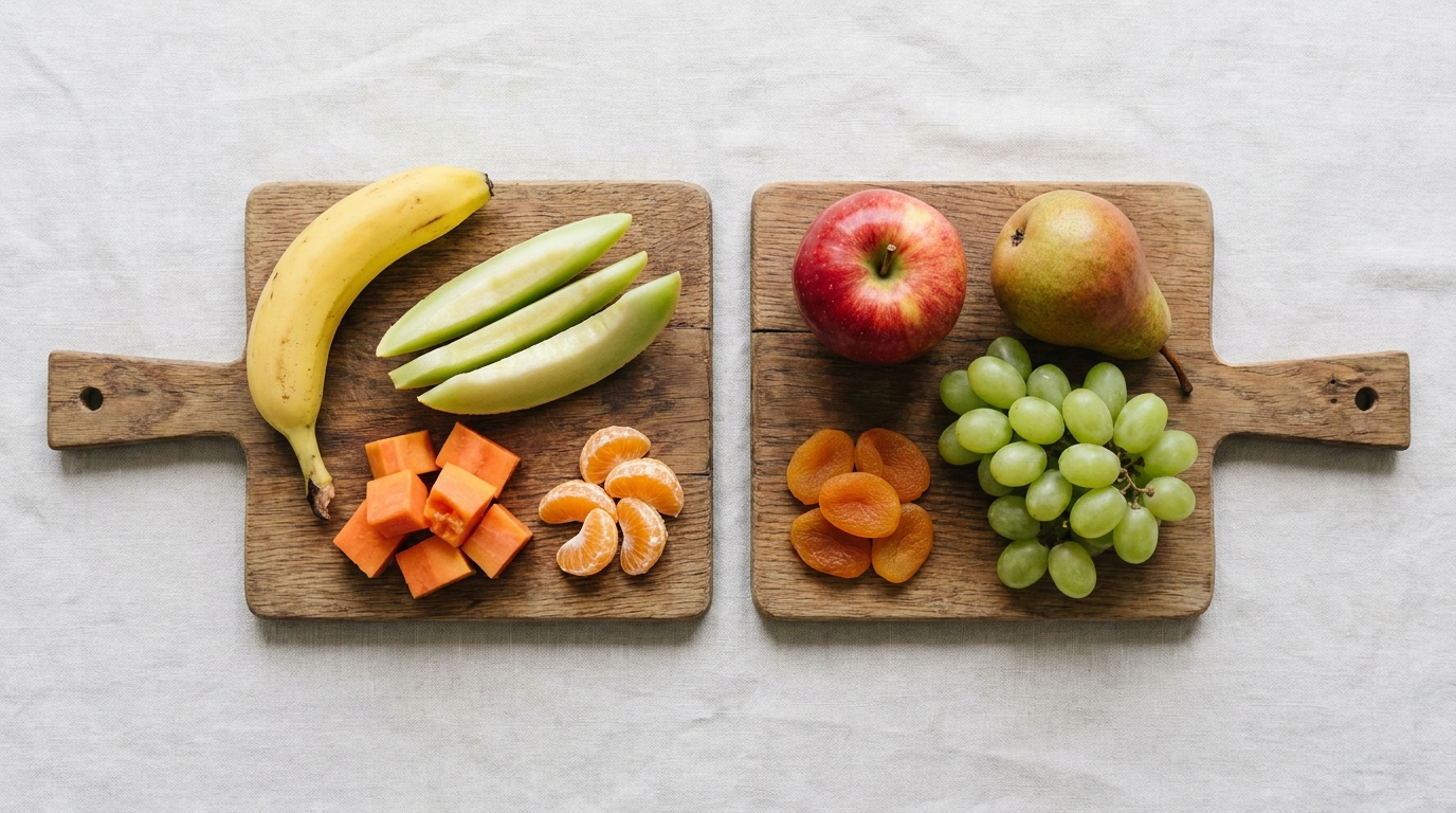 Obst bei Fructoseintoleranz im Vergleich: links gut vertraegliche Sorten, rechts fructosereiche Sorten