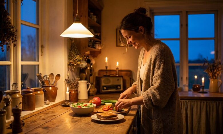 Frau bereitet am Abend eine leichte Mahlzeit in gedimmter Küchenbeleuchtung zu, Symbolbild für Essenszeiten und Schlaf