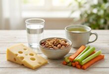 Zahngesunde Ernährung: frisches Gemüse, Käse, Nüsse und Wasser auf einem Tisch