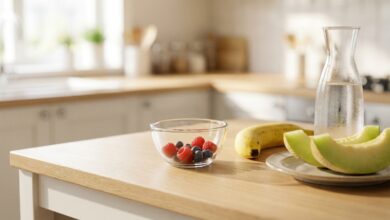 Gut verträgliche Lebensmittel bei Fructoseintoleranz: Banane, Honigmelone und Beeren auf einer hellen Küchenarbeitsplatte