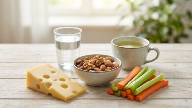 Zahngesunde Ernährung: frisches Gemüse, Käse, Nüsse und Wasser auf einem Tisch