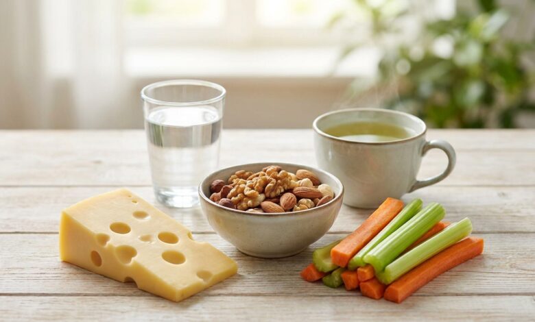 Zahngesunde Ernährung: frisches Gemüse, Käse, Nüsse und Wasser auf einem Tisch